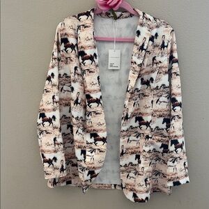 Zara White Blazer with Brown & Black Horse Print